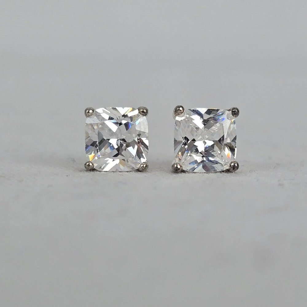 925 Sterling Silver CZ Stud Earrings Cushion Cut